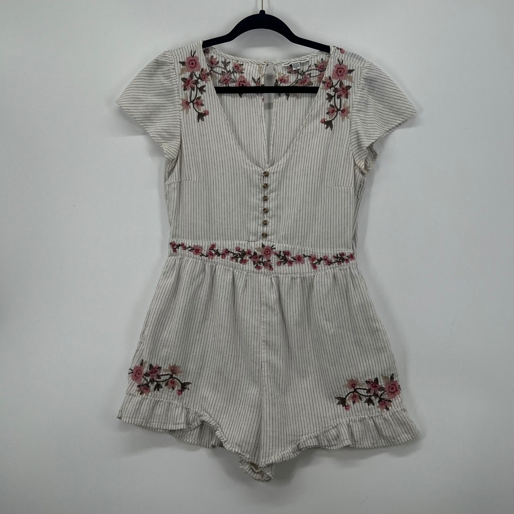 American Eagle Floral Embroidered Striped Romper White Pink Green Medium